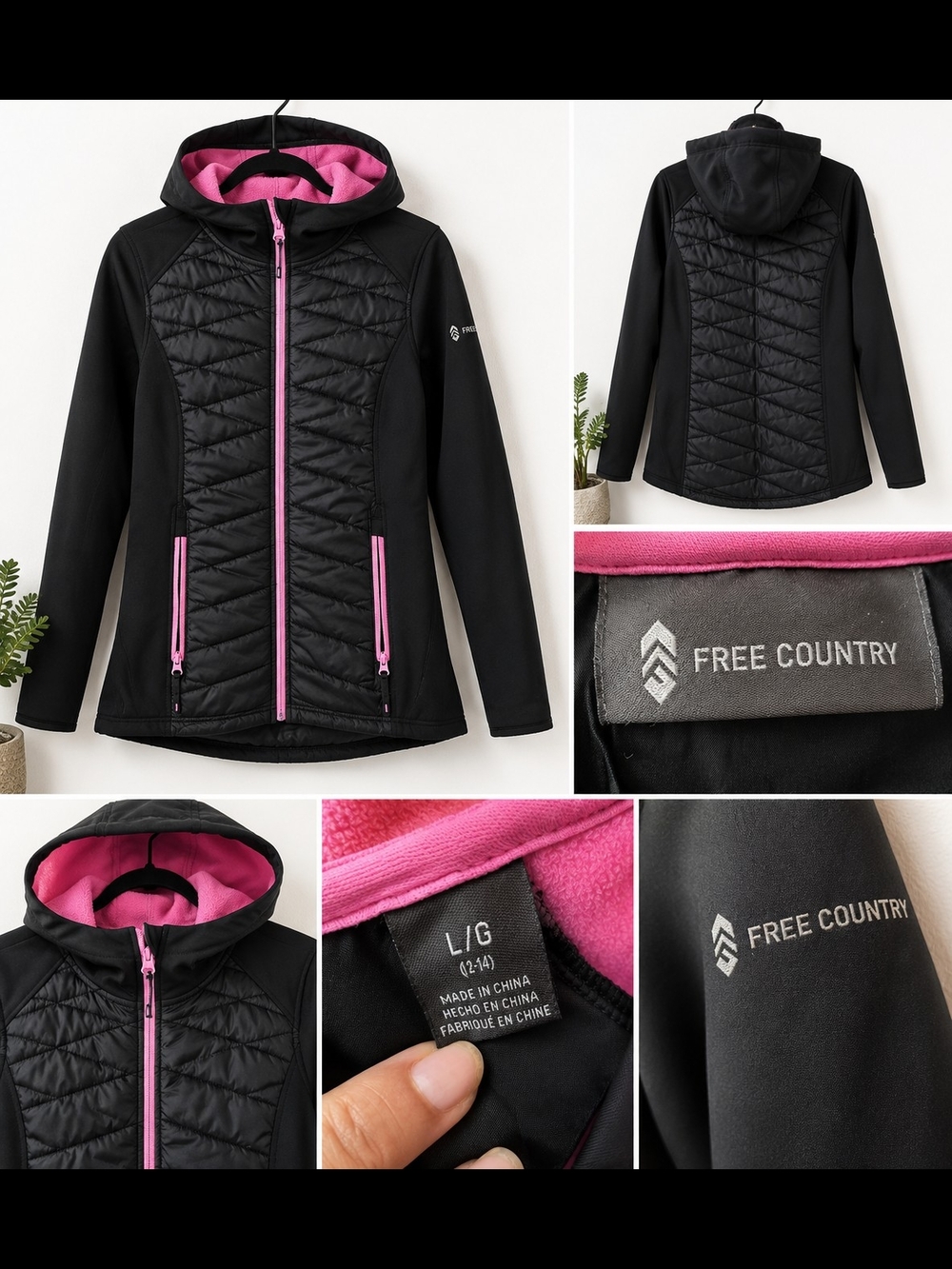 Free Country Black Hooded Softshell Jacket with Pink Lining and Trim